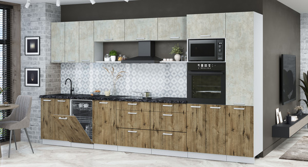 Изображение товара Кухонный гарнитур Интерлиния Мила Лайт 3.7-ПМ3 (бетон лайт/дуб веллингтон/кастилло темный)