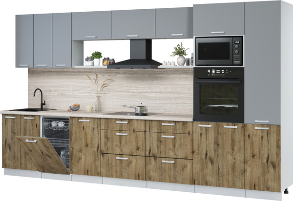 Изображение товара Кухонный гарнитур Интерлиния Мила Лайт 3.7-ПМ3 (серебро/дуб веллингтон/травертин серый)