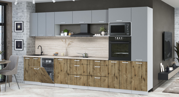 Изображение товара Кухонный гарнитур Интерлиния Мила Лайт 3.7-ПМ3 (серебро/дуб веллингтон/травертин серый)