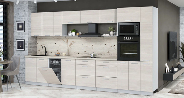 Изображение товара Кухонный гарнитур Интерлиния Мила Лайт 3.8-ПМ3 (вудлайн кремовый/вудлайн кремовый/бискайская сосна)