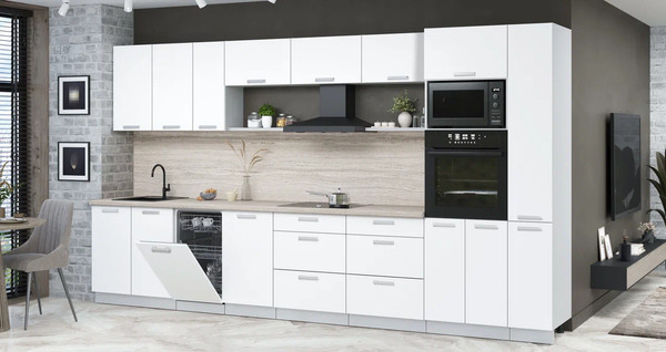 Изображение товара Кухонный гарнитур Интерлиния Мила Лайт 3.8-ПМ3 (белый платинум/белый платинум/травертин серый)