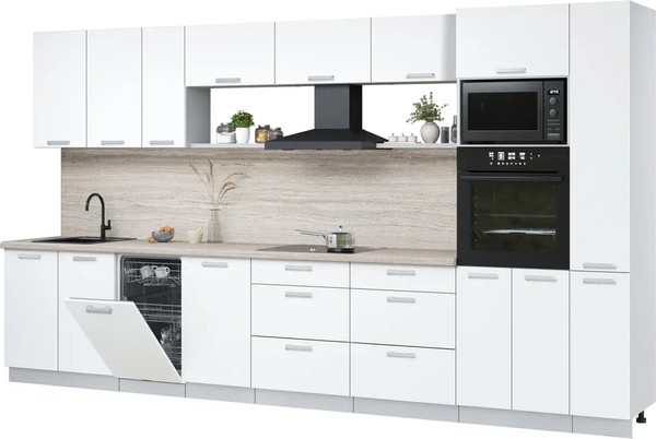 Изображение товара Кухонный гарнитур Интерлиния Мила Лайт 3.8-ПМ3 (белый платинум/белый платинум/травертин серый)