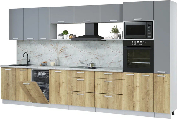 Изображение товара Кухонный гарнитур Интерлиния Мила Лайт 3.8-ПМ3 (серебро/дуб золотой/серый каспий)