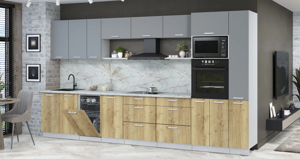 Изображение товара Кухонный гарнитур Интерлиния Мила Лайт 3.8-ПМ3 (серебро/дуб золотой/серый каспий)