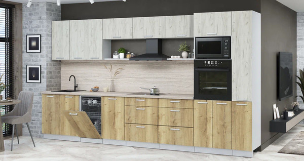 Изображение товара Кухонный гарнитур Интерлиния Мила Лайт 3.8-ПМ3 (дуб белый/дуб золотой/травертин серый)