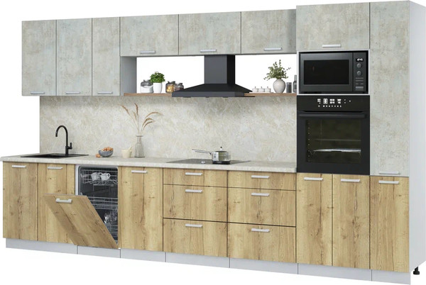 Изображение товара Кухонный гарнитур Интерлиния Мила Лайт 3.8-ПМ3 (бетон лайт/дуб золотой/опал светлый)