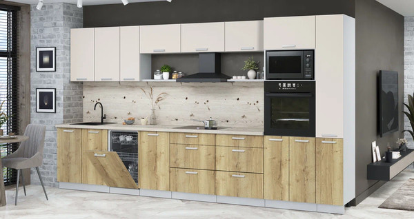 Изображение товара Кухонный гарнитур Интерлиния Мила Лайт 3.8-ПМ3 (персидский жемчуг/дуб золотой/бискайская сосна)