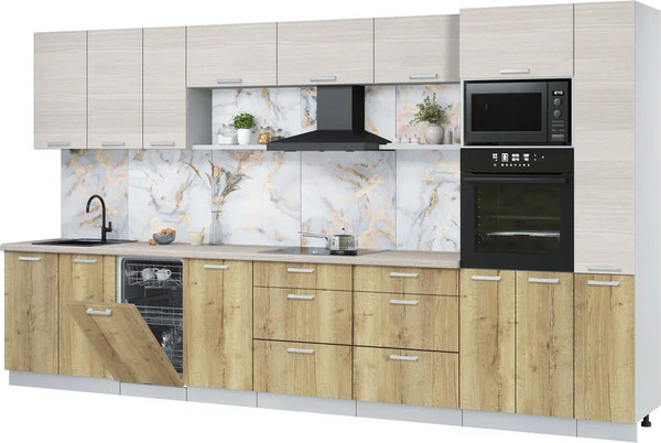 Изображение товара Кухонный гарнитур Интерлиния Мила Лайт 3.8-ПМ3 (вудлайн кремовый/дуб золотой/травертин серый)