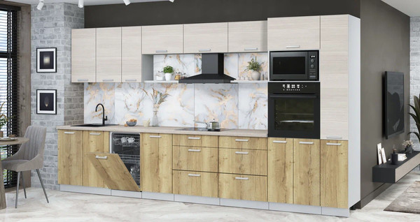 Изображение товара Кухонный гарнитур Интерлиния Мила Лайт 3.8-ПМ3 (вудлайн кремовый/дуб золотой/травертин серый)