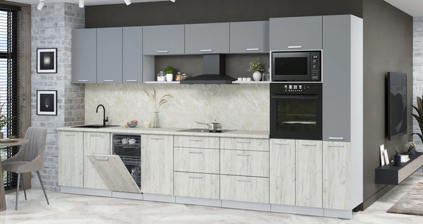 Изображение товара Кухонный гарнитур Интерлиния Мила Лайт 3.8-ПМ3 (серебро/дуб белый/опал светлый)