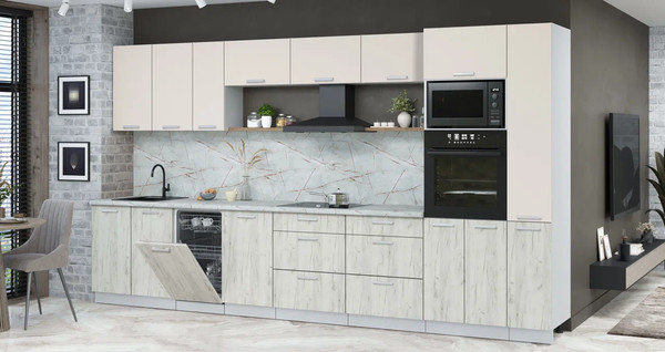 Изображение товара Кухонный гарнитур Интерлиния Мила Лайт 3.8-ПМ3 (персидский жемчуг/дуб белый/серый каспий)