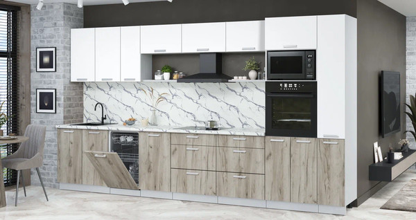 Изображение товара Кухонный гарнитур Интерлиния Мила Лайт 3.8-ПМ3 (белый платинум/дуб серый/белый гранит)