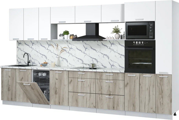 Изображение товара Кухонный гарнитур Интерлиния Мила Лайт 3.8-ПМ3 (белый платинум/дуб серый/белый гранит)