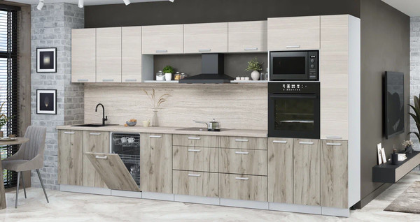 Изображение товара Кухонный гарнитур Интерлиния Мила Лайт 3.8-ПМ3 (вудлайн кремовый/дуб серый/травертин серый)