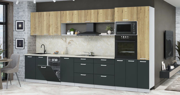 Изображение товара Кухонный гарнитур Интерлиния Мила Лайт 3.8-ПМ3 (дуб золотой/антрацит/опал светлый)