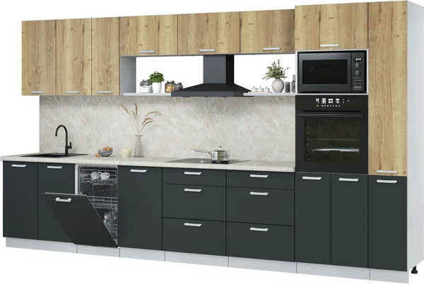 Изображение товара Кухонный гарнитур Интерлиния Мила Лайт 3.8-ПМ3 (дуб золотой/антрацит/опал светлый)