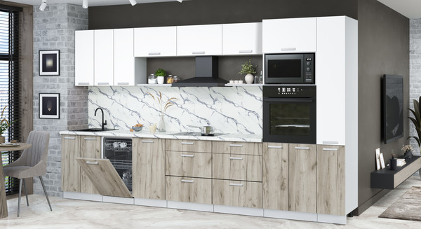 Изображение товара Кухонный гарнитур Интерлиния Мила Лайт 3.6-ПМ3 (белый платинум/дуб серый/белый гранит)