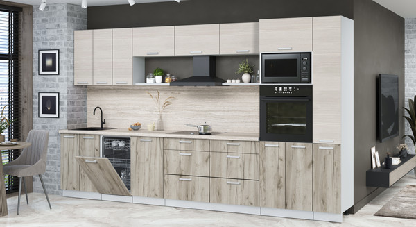 Изображение товара Кухонный гарнитур Интерлиния Мила Лайт 3.6-ПМ3  (вудлайн кремовый/дуб серый/травертин серый)