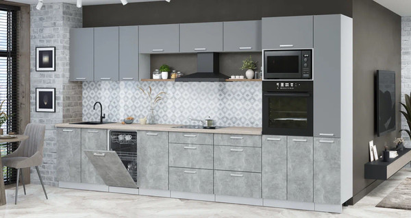 Изображение товара Кухонный гарнитур Интерлиния Мила Лайт 3.8-ПМ3 (серебро/бетон/травертин серый)