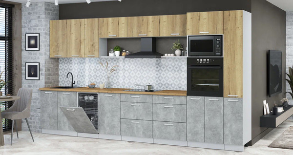 Изображение товара Кухонный гарнитур Интерлиния Мила Лайт 3.8-ПМ3 (дуб золотой/бетон/дуб бунратти)