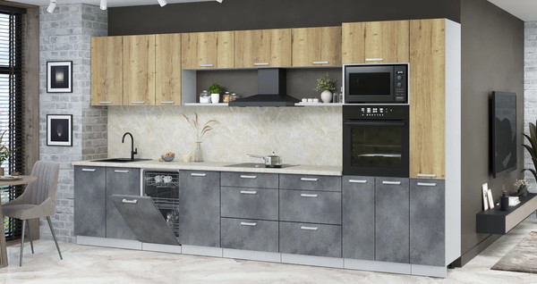 Изображение товара Кухонный гарнитур Интерлиния Мила Лайт 3.8-ПМ3 (дуб золотой/бетон портленд/опал светлый)