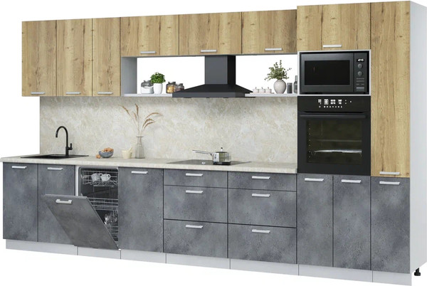 Изображение товара Кухонный гарнитур Интерлиния Мила Лайт 3.8-ПМ3 (дуб золотой/бетон портленд/опал светлый)