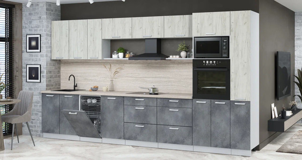 Изображение товара Кухонный гарнитур Интерлиния Мила Лайт 3.8-ПМ3 (дуб белый/бетон портленд/травертин серый)