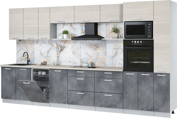 Изображение товара Кухонный гарнитур Интерлиния Мила Лайт 3.8-ПМ3 (вудлайн кремовый/бетон портленд/бискайская сосна)