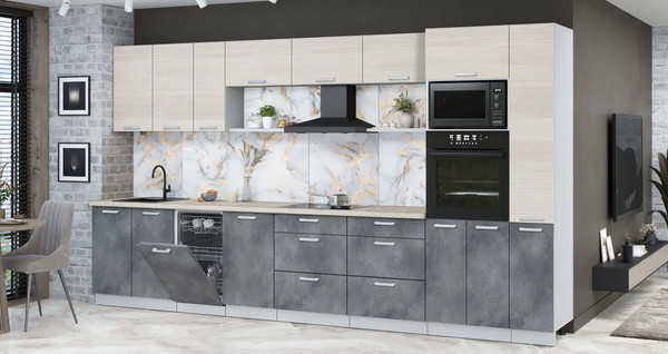 Изображение товара Кухонный гарнитур Интерлиния Мила Лайт 3.8-ПМ3 (вудлайн кремовый/бетон портленд/бискайская сосна)