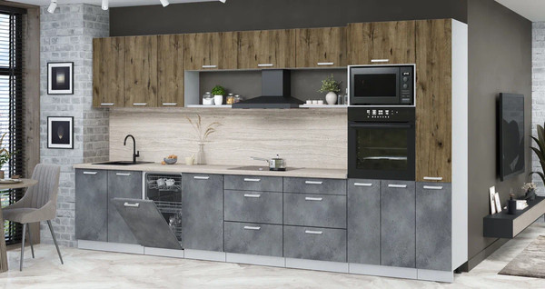 Изображение товара Кухонный гарнитур Интерлиния Мила Лайт 3.8-ПМ3 (дуб веллингтон/бетон портленд/травертин серый)