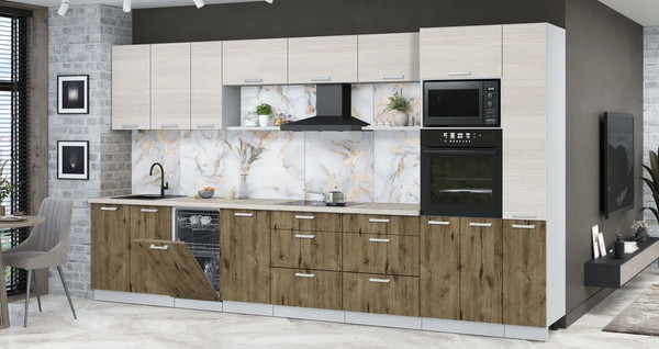 Изображение товара Кухонный гарнитур Интерлиния Мила Лайт 3.8-ПМ3 (вудлайн кремовый/дуб веллингтон/бискайская сосна)