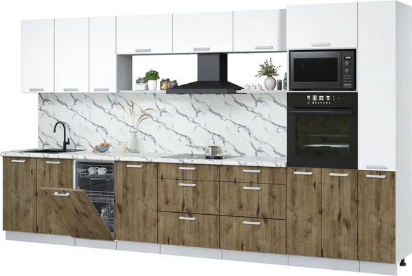 Изображение товара Кухонный гарнитур Интерлиния Мила Лайт 3.8-ПМ3 (белый платинум/дуб веллингтон/белый гранит)