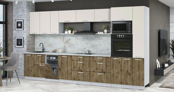 Изображение товара Кухонный гарнитур Интерлиния Мила Лайт 3.8-ПМ3 (персидский жемчуг/дуб веллингтон/серый каспий)