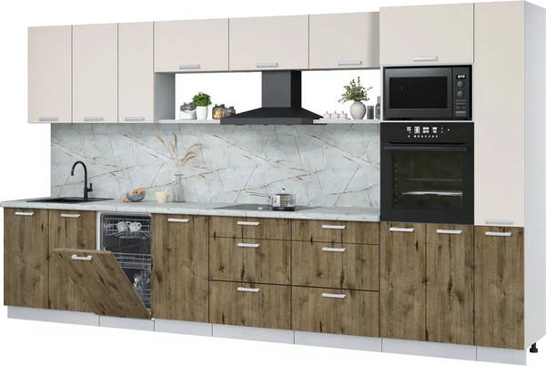 Изображение товара Кухонный гарнитур Интерлиния Мила Лайт 3.8-ПМ3 (персидский жемчуг/дуб веллингтон/серый каспий)