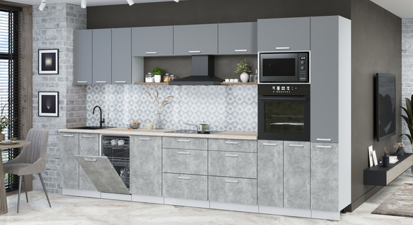 Изображение товара Кухонный гарнитур Интерлиния Мила Лайт 3.6-ПМ3 (серебро/бетон/травертин серый)