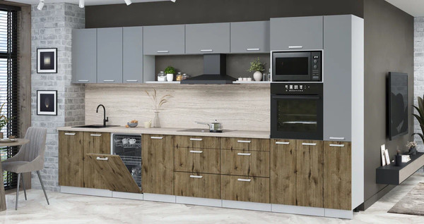 Изображение товара Кухонный гарнитур Интерлиния Мила Лайт 3.8-ПМ3 (серебро/дуб веллингтон/травертин серый)