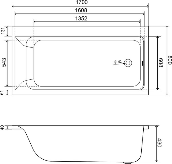 Изображение товара Ванна акриловая Lauter Seraphina 170x80 / 2112170R (с ножками, лицевым экраном и сифоном 21Y11020 хром)