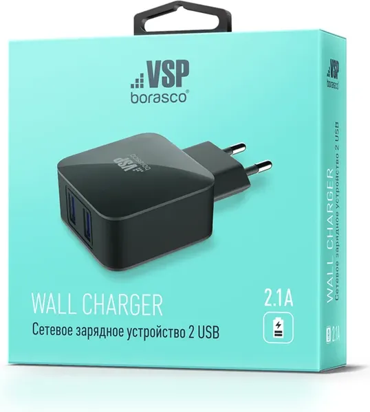 Изображение товара Адаптер питания сетевой BoraSCO 2USB 2.1А / 20648 (черный)