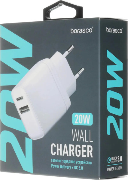 Изображение товара Адаптер питания сетевой BoraSCO PD 20W+QC 3.0 20W / 38254 (белый)