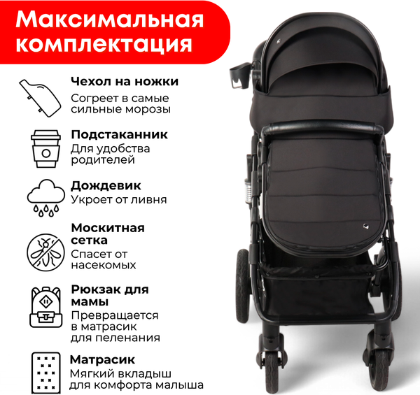 Изображение товара Детская универсальная коляска Bubago Model Zoom 3 в 1 / BG 196-1 (черный)