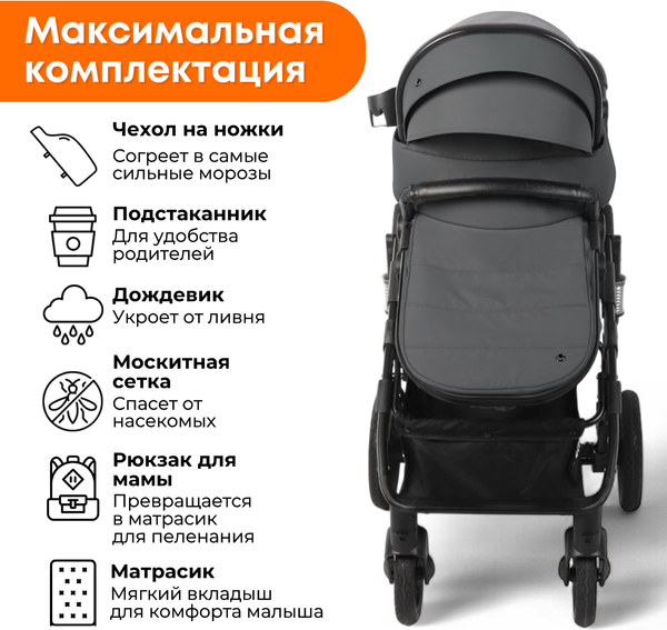 Изображение товара Детская универсальная коляска Bubago Model Zoom 3 в 1 / BG 196-2  (темно-серый)