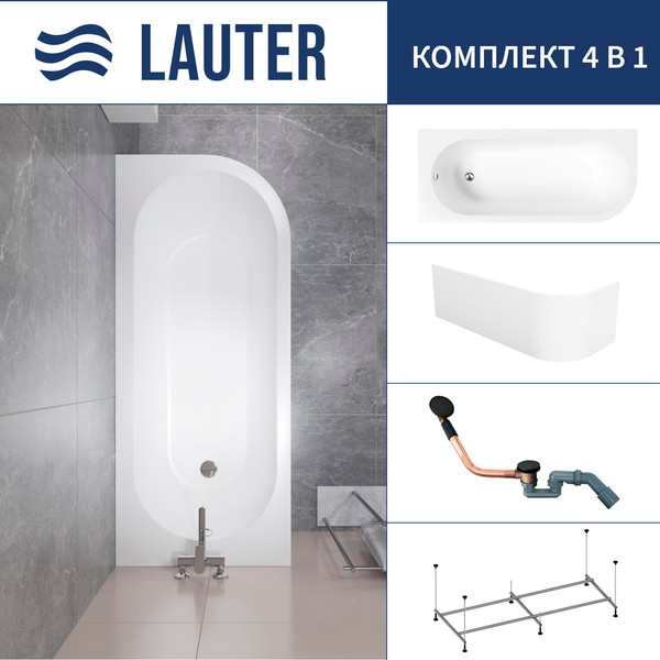 Изображение товара Ванна акриловая Lauter Monaco 170x72.5 / 2113170L (с ножками, лицевым экраном и сифоном 21Y11021 матовый черный)