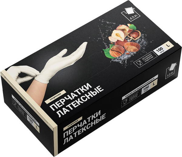 Изображение товара Перчатки одноразовые A.D.M Латексные опудренные (р.L, 100шт, белый)