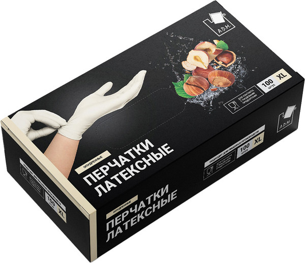 Изображение товара Перчатки одноразовые A.D.M Латексные опудренные (р.XL, 100шт, белый)