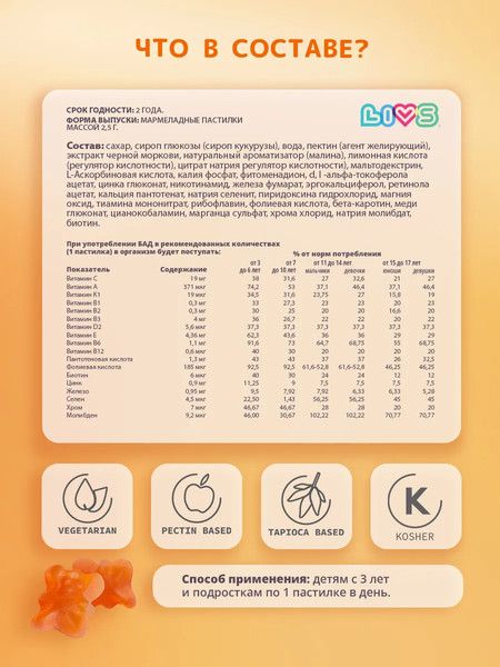 Изображение товара Мультивитаминный комплекс LIVS Мега Малина мармеладные пастилки для детей (60шт)