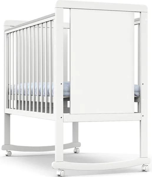 Изображение товара Детская кроватка INDIGO Classic колесо-качалка (массив березы, ЛДСП, ПВХ накладка, белая аляска)