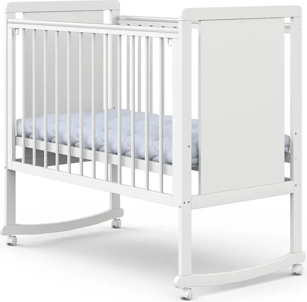 Изображение товара Детская кроватка INDIGO Classic колесо-качалка (массив березы, ЛДСП, ПВХ накладка, белая аляска)