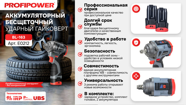 Изображение товара Аккумуляторный гайковерт Profipower BL-163 / E0212