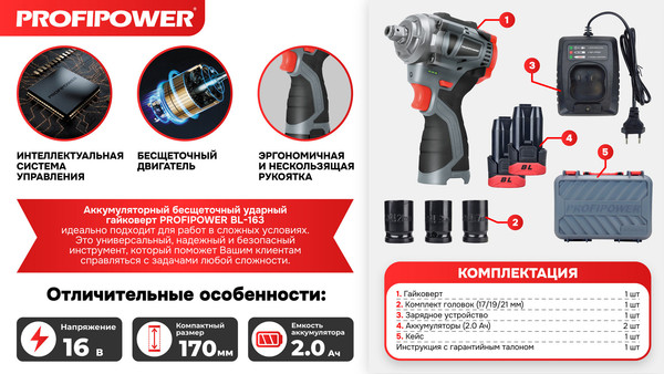 Изображение товара Аккумуляторный гайковерт Profipower BL-163 / E0212