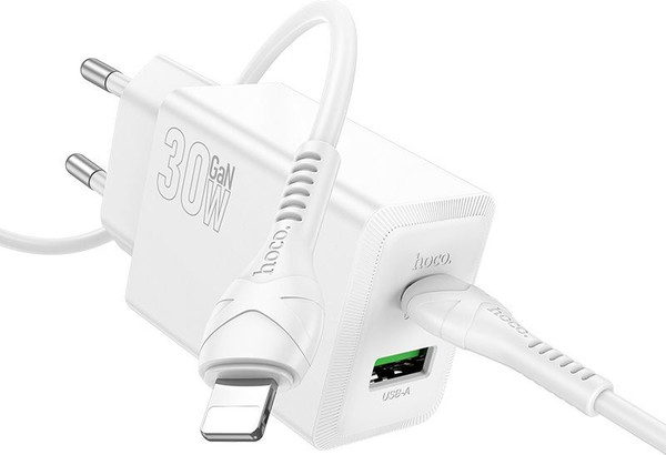 Изображение товара Адаптер питания сетевой Hoco N71 + кабель Lightning to Type-C (белый)